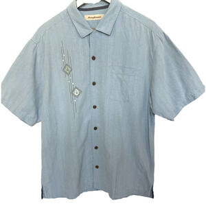 Tommy Bahama Mens Hawaiian 100% Silk Button Shirt Size L Embroidered Powder Blue